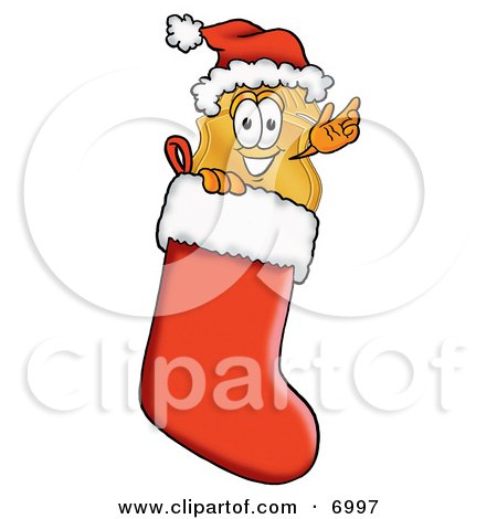 Clipart Picture of a Badge Mascot Cartoon Character Wearing a Santa Hat Inside a Red Christmas Stocking by Mascot Junction
