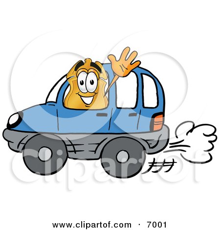 Clipart Picture of a Badge Mascot Cartoon Character Driving a Blue Car and Waving by Mascot Junction