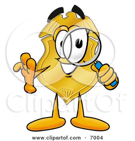 Clipart Picture of a Badge Mascot Cartoon Character Looking Through a Magnifying Glass by Mascot Junction