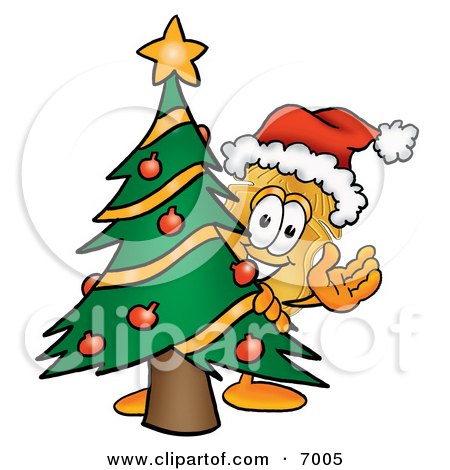 Clipart Picture of a Badge Mascot Cartoon Character Waving and Standing by a Decorated Christmas Tree by Mascot Junction