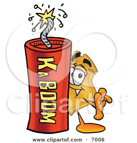 Clipart Picture of a Badge Mascot Cartoon Character Standing With a Lit Stick of Dynamite by Mascot Junction