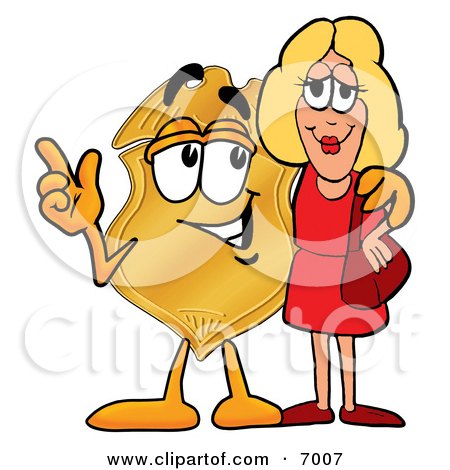 Clipart Picture of a Badge Mascot Cartoon Character Talking to a Pretty Blond Woman by Mascot Junction