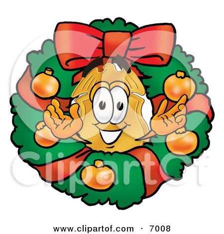 Clipart Picture of a Badge Mascot Cartoon Character in the Center of a Christmas Wreath by Mascot Junction