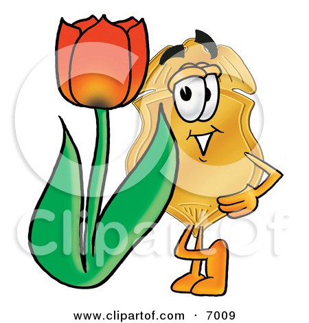 Clipart Picture of a Badge Mascot Cartoon Character With a Red Tulip Flower in the Spring by Mascot Junction