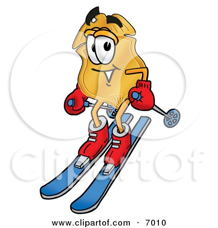 Clipart Picture of a Badge Mascot Cartoon Character Skiing Downhill by Mascot Junction