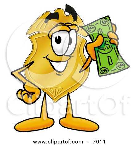 Clipart Picture of a Badge Mascot Cartoon Character Holding a Dollar Bill by Mascot Junction