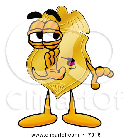 Clipart Picture of a Badge Mascot Cartoon Character Whispering and Gossiping by Mascot Junction