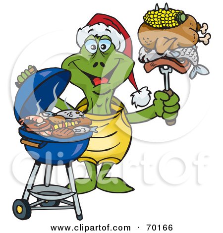 Royalty-Free (RF) Clipart Illustration of a Grilling Tortoise Wearing A Santa Hat And Holding Food On A BBQ Fork by Dennis Holmes Designs