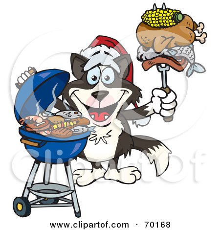 Royalty-Free (RF) Clipart Illustration of a Grilling Border Collie Wearing A Santa Hat And Holding Food On A BBQ Fork by Dennis Holmes Designs
