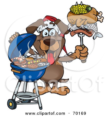 Royalty-Free (RF) Clipart Illustration of a Grilling Dachshund Wearing A Santa Hat And Holding Food On A BBQ Fork by Dennis Holmes Designs