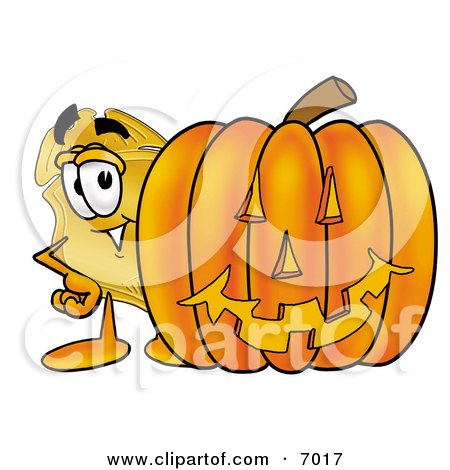 Clipart Picture of a Badge Mascot Cartoon Character With a Carved Halloween Pumpkin by Mascot Junction