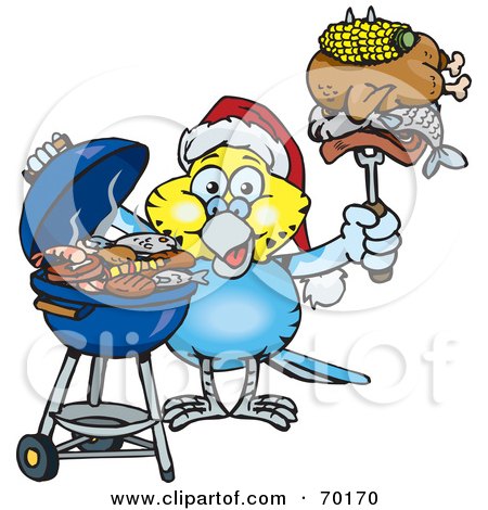 Royalty-Free (RF) Clipart Illustration of a Grilling Budgerigar Wearing A Santa Hat And Holding Food On A BBQ Fork by Dennis Holmes Designs