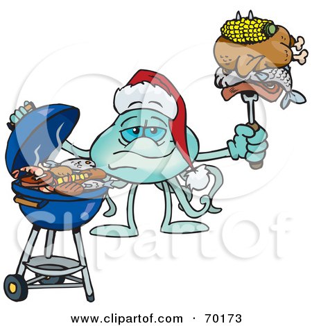 Royalty-Free (RF) Clipart Illustration of a Grilling Jellyfish Wearing A Santa Hat And Holding Food On A BBQ Fork by Dennis Holmes Designs