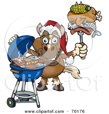 Royalty-Free (RF) Clipart Illustration of a Grilling Horse Wearing A Santa Hat And Holding Food On A BBQ Fork by Dennis Holmes Designs