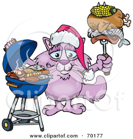 Royalty-Free (RF) Clipart Illustration of a Grilling Pink Cat Wearing A Santa Hat And Holding Food On A BBQ Fork by Dennis Holmes Designs