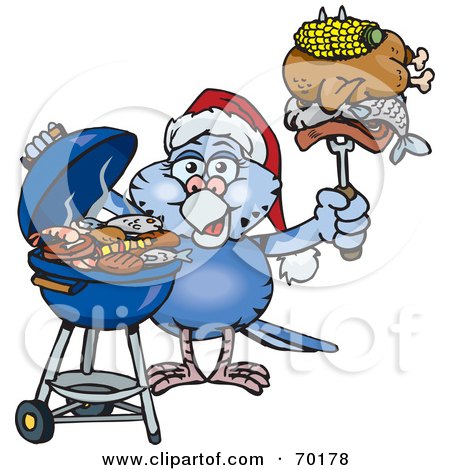 Royalty-Free (RF) Clipart Illustration of a Grilling Budgie Wearing A Santa Hat And Holding Food On A BBQ Fork by Dennis Holmes Designs