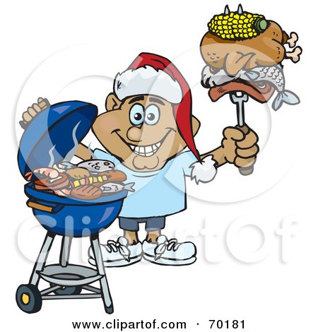 Royalty-Free (RF) Clipart Illustration of a Grilling Man Wearing A Santa Hat And Holding Food On A BBQ Fork - Version 3 by Dennis Holmes Designs