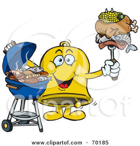 Royalty-Free (RF) Clipart Illustration of a Grilling Jingle Bell Holding Food On A BBQ Fork by Dennis Holmes Designs