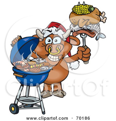 Royalty-Free (RF) Clipart Illustration of a Grilling Bull Wearing A Santa Hat And Holding Food On A BBQ Fork by Dennis Holmes Designs