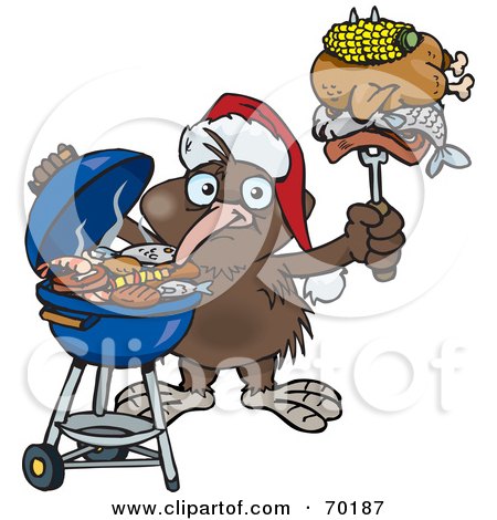 Royalty-Free (RF) Clipart Illustration of a Grilling Kiwi Bird Wearing A Santa Hat And Holding Food On A BBQ Fork by Dennis Holmes Designs