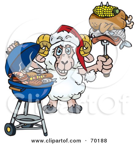 Royalty-Free (RF) Clipart Illustration of a Grilling Ram Wearing A Santa Hat And Holding Food On A BBQ Fork by Dennis Holmes Designs