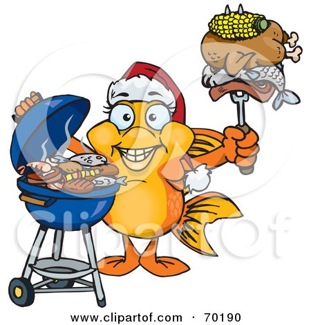Royalty-Free (RF) Clipart Illustration of a Grilling Female Goldfish Wearing A Santa Hat And Holding Food On A BBQ Fork by Dennis Holmes Designs