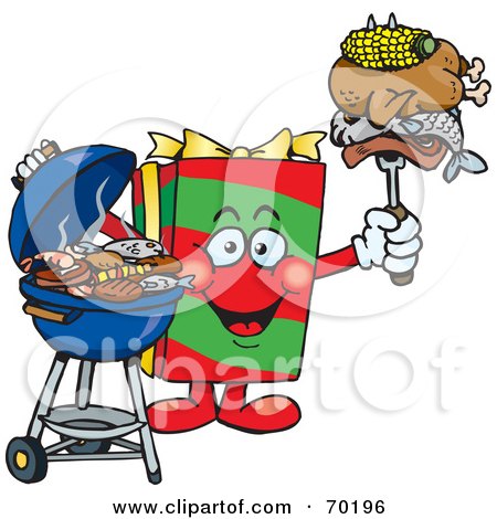 Royalty-Free (RF) Clipart Illustration of a Grilling Christmas Present Holding Food On A BBQ Fork by Dennis Holmes Designs