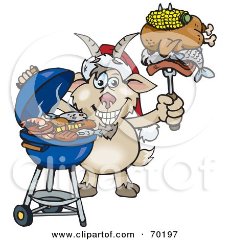 Royalty-Free (RF) Clipart Illustration of a Grilling Goat Wearing A Santa Hat And Holding Food On A BBQ Fork by Dennis Holmes Designs
