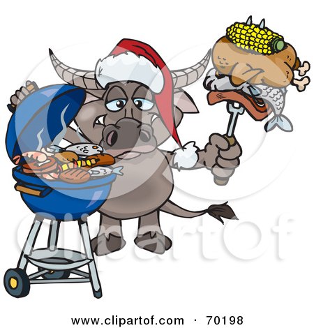 Royalty-Free (RF) Clipart Illustration of a Grilling Water Buffalo Wearing A Santa Hat And Holding Food On A BBQ Fork by Dennis Holmes Designs