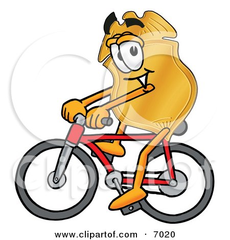 Clipart Picture of a Badge Mascot Cartoon Character Riding a Bicycle by Mascot Junction