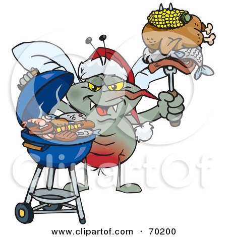 Royalty-Free (RF) Clipart Illustration of a Grilling Mozzie Mosquito Wearing A Santa Hat And Holding Food On A BBQ Fork by Dennis Holmes Designs