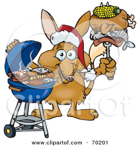 Royalty-Free (RF) Clipart Illustration of a Grilling Bilby Wearing A Santa Hat And Holding Food On A BBQ Fork by Dennis Holmes Designs