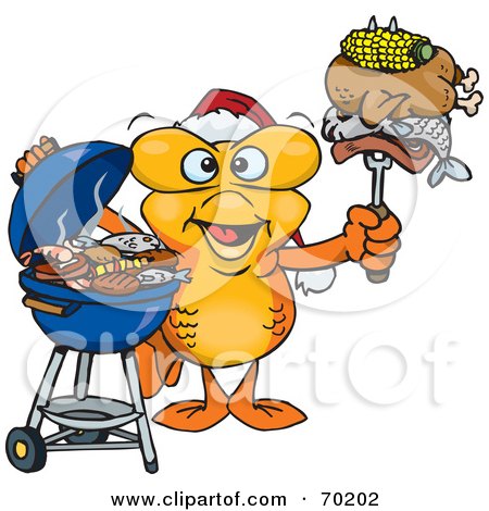 Royalty-Free (RF) Clipart Illustration of a Grilling Goldfish Wearing A Santa Hat And Holding Food On A BBQ Fork by Dennis Holmes Designs