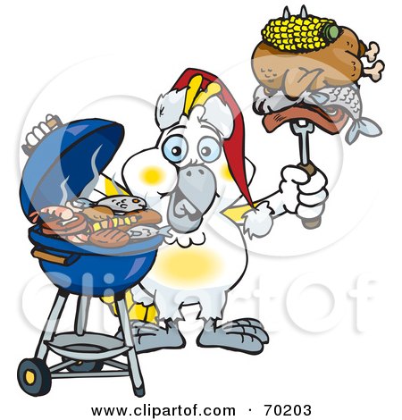 Royalty-Free (RF) Clipart Illustration of a Grilling Cockatoo Wearing A Santa Hat And Holding Food On A BBQ Fork by Dennis Holmes Designs