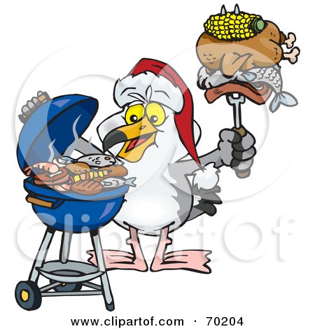Royalty-Free (RF) Clipart Illustration of a Grilling Seagull Wearing A Santa Hat And Holding Food On A BBQ Fork by Dennis Holmes Designs