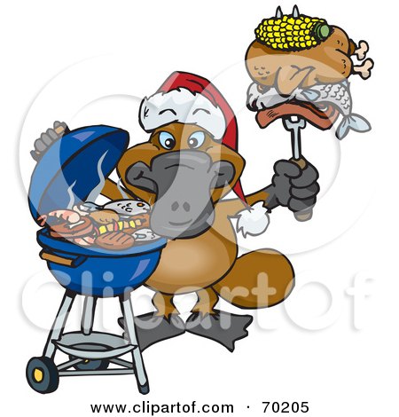 Royalty-Free (RF) Clipart Illustration of a Grilling Platypus Wearing A Santa Hat And Holding Food On A BBQ Fork by Dennis Holmes Designs