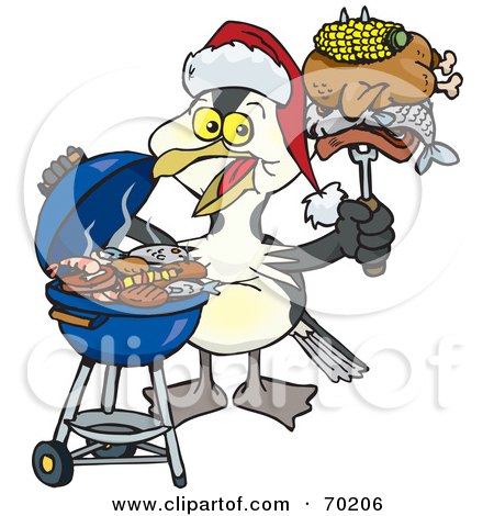 Royalty-Free (RF) Clipart Illustration of a Grilling Shag Bird Wearing A Santa Hat And Holding Food On A BBQ Fork by Dennis Holmes Designs