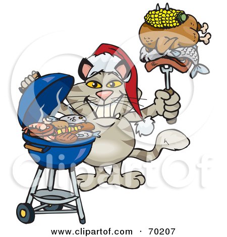 Royalty-Free (RF) Clipart Illustration of a Grilling Cat Wearing A Santa Hat And Holding Food On A BBQ Fork by Dennis Holmes Designs