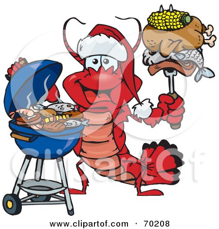 Royalty-Free (RF) Clipart Illustration of a Grilling Lobster Wearing A Santa Hat And Holding Food On A BBQ Fork by Dennis Holmes Designs