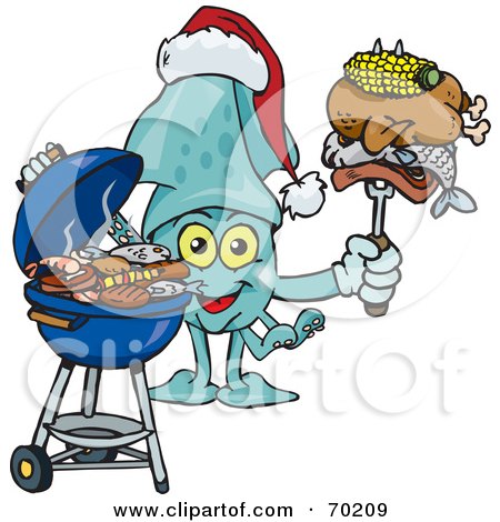 Royalty-Free (RF) Clipart Illustration of a Grilling Squid Wearing A Santa Hat And Holding Food On A BBQ Fork by Dennis Holmes Designs