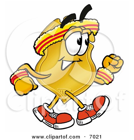 Clipart Picture of a Badge Mascot Cartoon Character Speed Walking or Jogging by Mascot Junction