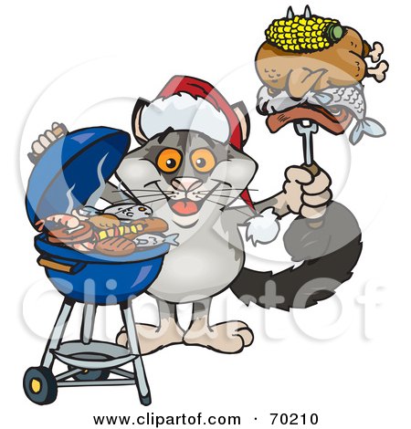 Royalty-Free (RF) Clipart Illustration of a Grilling Possum Wearing A Santa Hat And Holding Food On A BBQ Fork by Dennis Holmes Designs