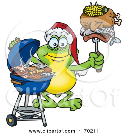 Royalty-Free (RF) Clipart Illustration of a Grilling Frog Wearing A Santa Hat And Holding Food On A BBQ Fork by Dennis Holmes Designs