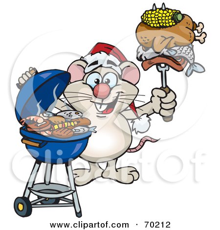 Royalty-Free (RF) Clipart Illustration of a Grilling Mouse Wearing A Santa Hat And Holding Food On A BBQ Fork by Dennis Holmes Designs