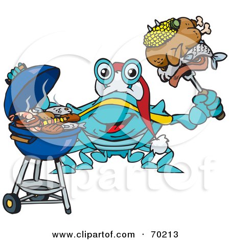 Royalty-Free (RF) Clipart Illustration of a Grilling Crab Wearing A Santa Hat And Holding Food On A BBQ Fork by Dennis Holmes Designs