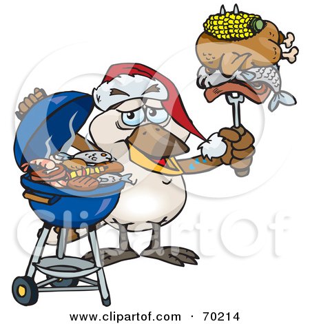 Royalty-Free (RF) Clipart Illustration of a Grilling Kookaburra Wearing A Santa Hat And Holding Food On A BBQ Fork by Dennis Holmes Designs