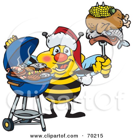 Royalty-Free (RF) Clipart Illustration of a Grilling Honey Bee Wearing A Santa Hat And Holding Food On A BBQ Fork by Dennis Holmes Designs