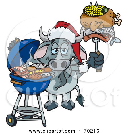 Royalty-Free (RF) Clipart Illustration of a Grilling Gary Bull Wearing A Santa Hat And Holding Food On A BBQ Fork by Dennis Holmes Designs