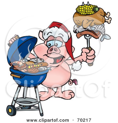 Royalty-Free (RF) Clipart Illustration of a Grilling Pig Wearing A Santa Hat And Holding Food On A BBQ Fork by Dennis Holmes Designs