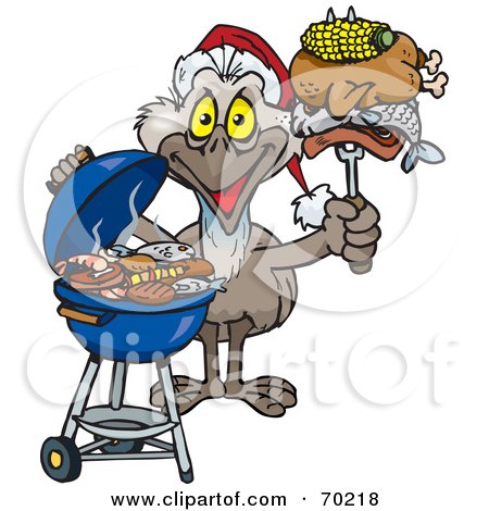 Royalty-Free (RF) Clipart Illustration of a Grilling Emu Wearing A Santa Hat And Holding Food On A BBQ Fork by Dennis Holmes Designs